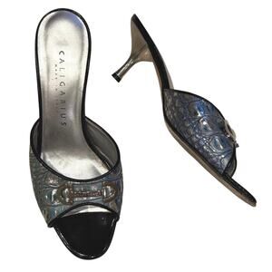 Y2K kitten heels horsebit blue reptile crocodile leather black silver buckle